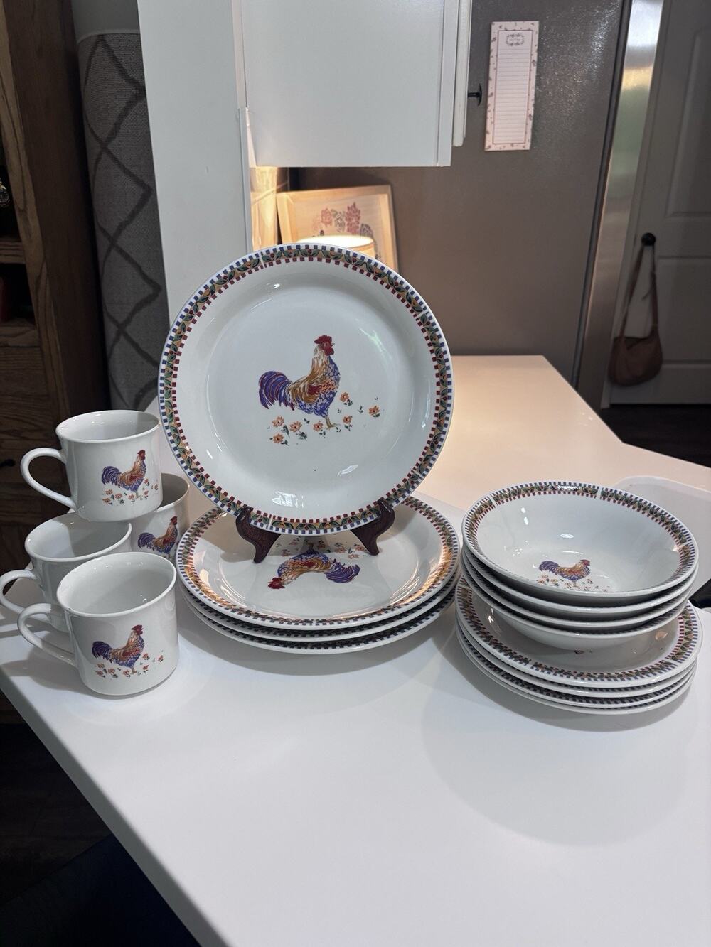 Vtg Rooster Dinnerware Set Plates Bowls Mugs Farmhouse Country Cottage Kitchen